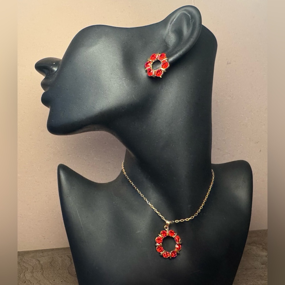 Red And Gold Tone Necklace And Earrings Set